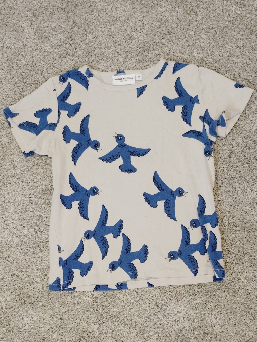 Mini Rodini Cream Tee with Blue Bird Print